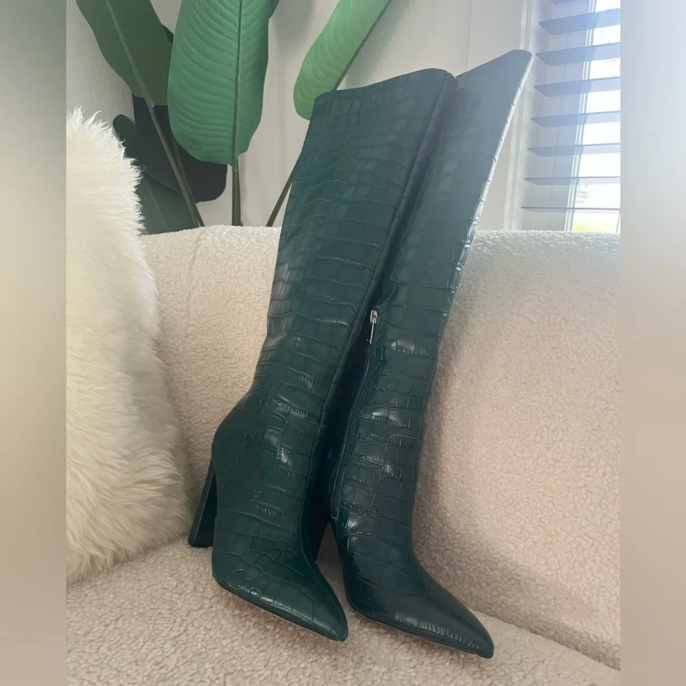 Marc Fisher Giancarlo 2 Green Croc-Embossed Pointed-Toe Knee-high Boots EUC - Picture 4 of 6
